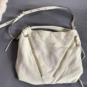 Rebecca Minkoff Moto Double Zip White Leather Hob Shoulder Bag with Gold Accents
